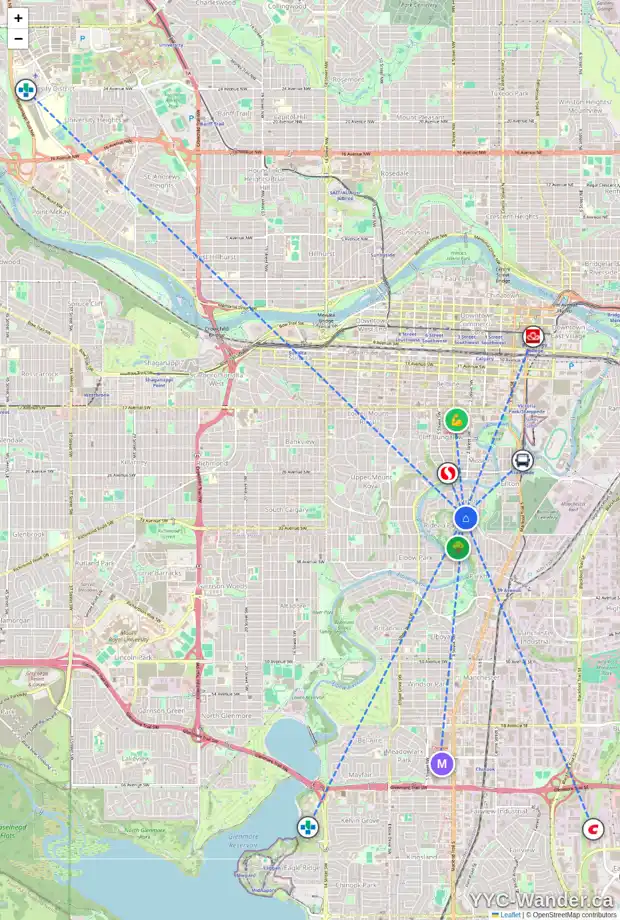 Daily accessibility map for 3222 3 ST SW, Calgary showing nearby schools, grocery stores, parks, LRT stations and nearby amenities