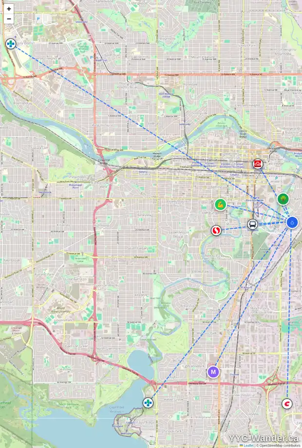 Daily accessibility map for 730 24 AV SE, Calgary showing nearby schools, grocery stores, parks, LRT stations and nearby amenities