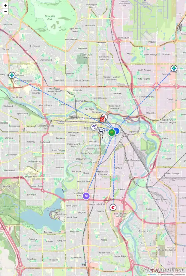 Daily accessibility map for 1130 BELLEVUE AV SE, Calgary showing nearby schools, grocery stores, parks, LRT stations and nearby amenities