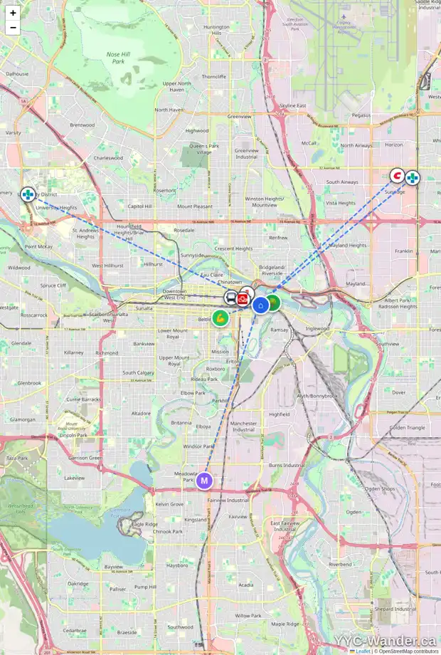 Daily accessibility map for 808 5 ST SE, Calgary showing nearby schools, grocery stores, parks, LRT stations and nearby amenities