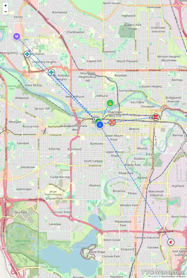 Daily accessibility map for 1612 12 AV SW, Calgary showing nearby schools, grocery stores, parks, LRT stations and nearby amenities