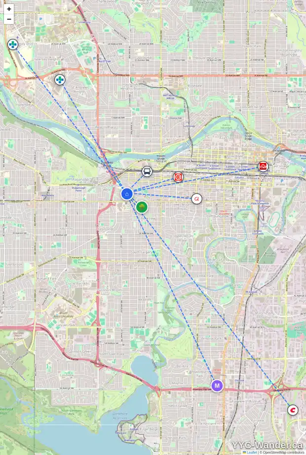 Daily accessibility map for 1433 SHELBOURNE ST SW, Calgary showing nearby schools, grocery stores, parks, LRT stations and nearby amenities