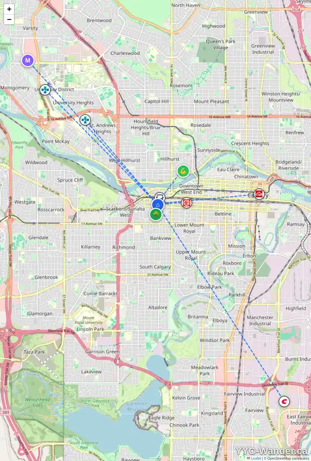 Daily accessibility map for 104 1735 11 AV SW, Calgary showing nearby schools, grocery stores, parks, LRT stations and nearby amenities