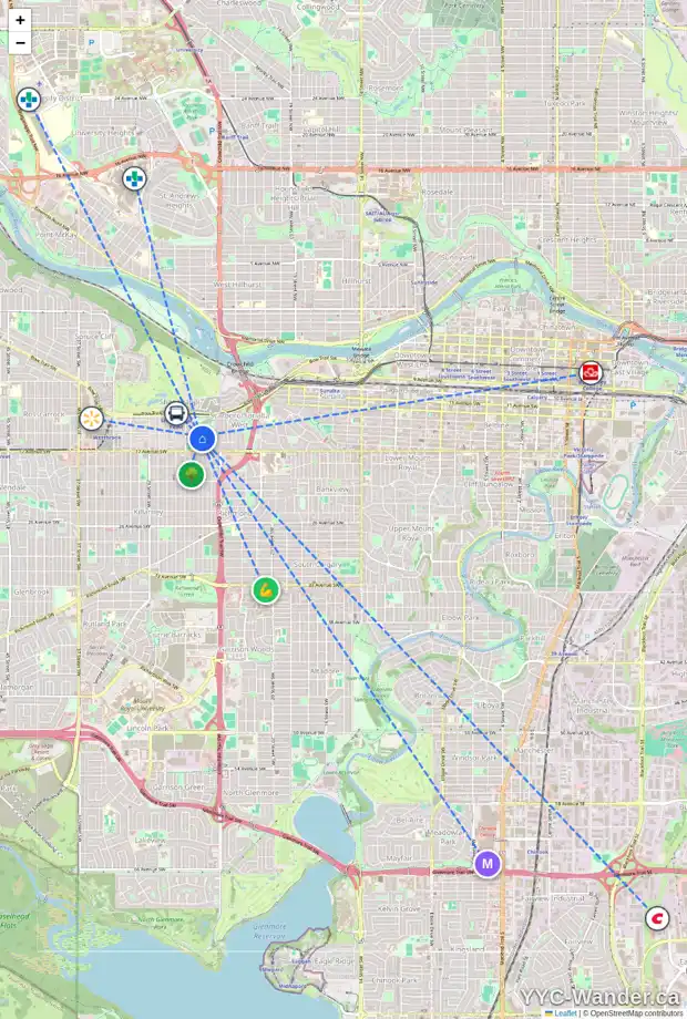 Daily accessibility map for 1703 25 ST SW, Calgary showing nearby schools, grocery stores, parks, LRT stations and nearby amenities