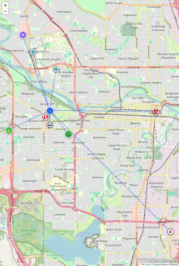 Daily accessibility map for 33 TAMARAC CR SW, Calgary showing nearby schools, grocery stores, parks, LRT stations and nearby amenities