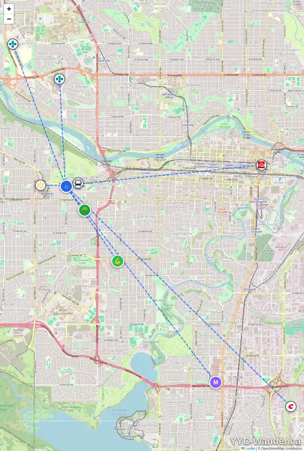 Daily accessibility map for 3001 12 AV SW, Calgary showing nearby schools, grocery stores, parks, LRT stations and nearby amenities