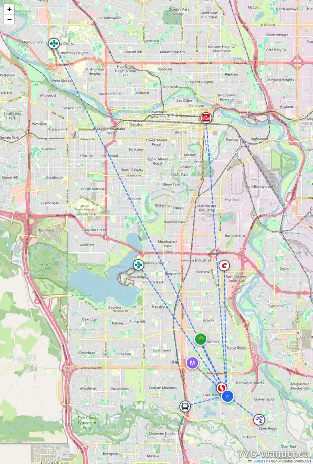 Daily accessibility map for 751 LAKE TWINTREE CR SE, Calgary showing nearby schools, grocery stores, parks, LRT stations and nearby amenities