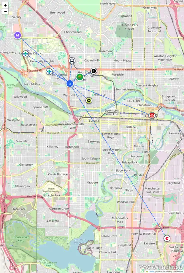 Daily accessibility map for 1016 24 ST NW, Calgary showing nearby schools, grocery stores, parks, LRT stations and nearby amenities
