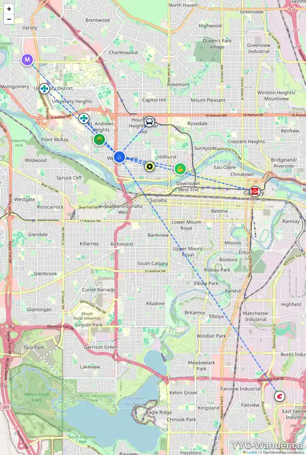 Daily accessibility map for 2428 3 AV NW, Calgary showing nearby schools, grocery stores, parks, LRT stations and nearby amenities