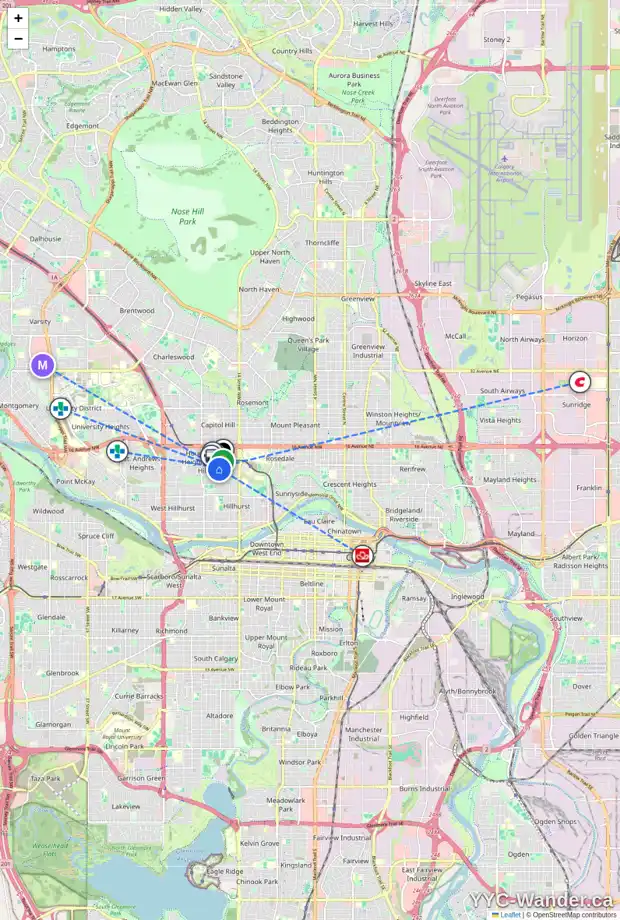 Daily accessibility map for 1236 17A ST NW, Calgary showing nearby schools, grocery stores, parks, LRT stations and nearby amenities