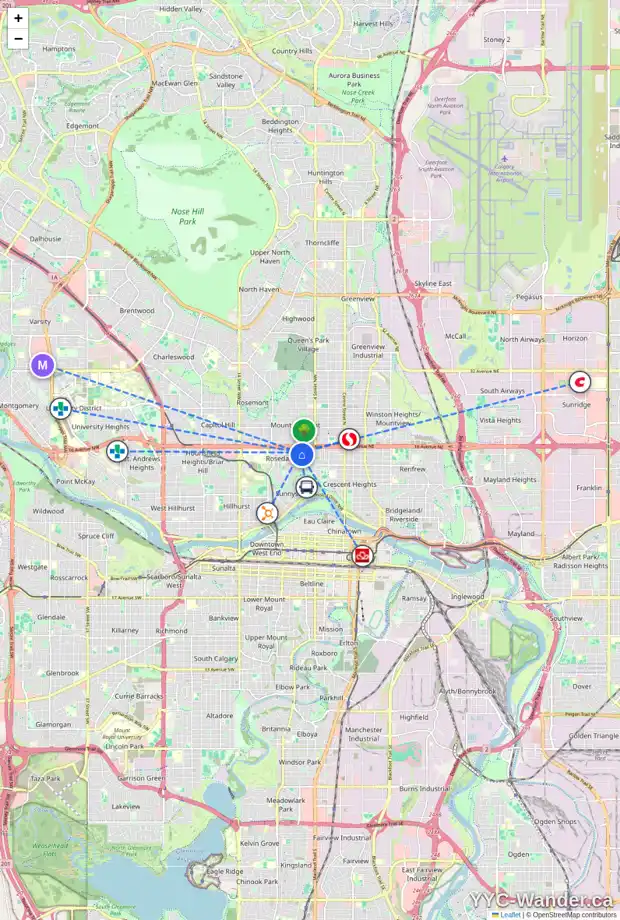 Daily accessibility map for 1607 6 ST NW, Calgary showing nearby schools, grocery stores, parks, LRT stations and nearby amenities