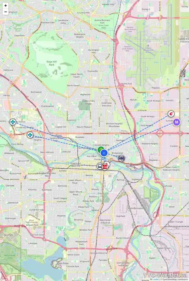 Daily accessibility map for 227 3 AV NE, Calgary showing nearby schools, grocery stores, parks, LRT stations and nearby amenities