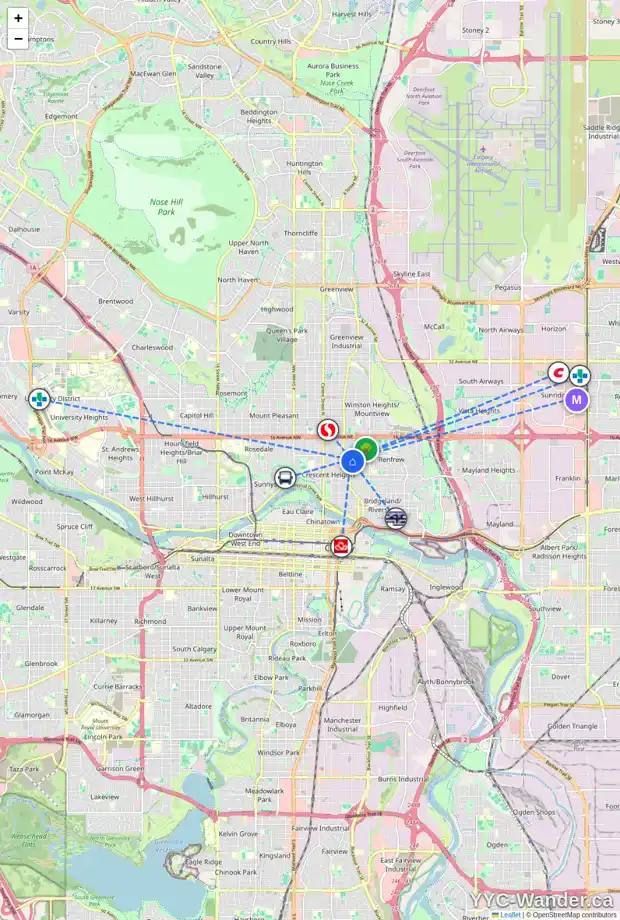 Daily accessibility map for 426 11 AV NE, Calgary showing nearby schools, grocery stores, parks, LRT stations and nearby amenities