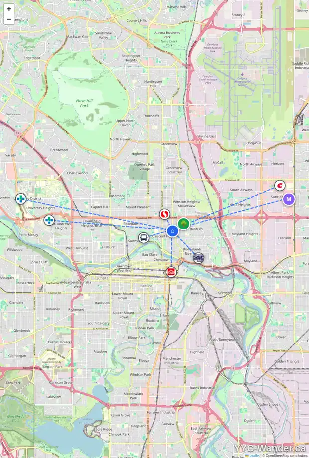 Daily accessibility map for 315 11 AV NE, Calgary showing nearby schools, grocery stores, parks, LRT stations and nearby amenities