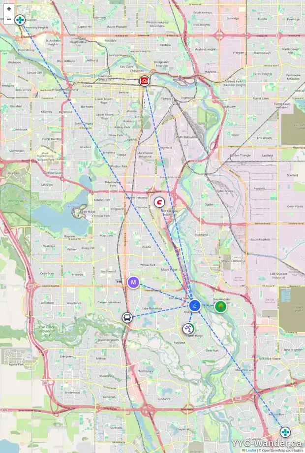 Daily accessibility map for 531 QUEENSLAND CI SE, Calgary showing nearby schools, grocery stores, parks, LRT stations and nearby amenities