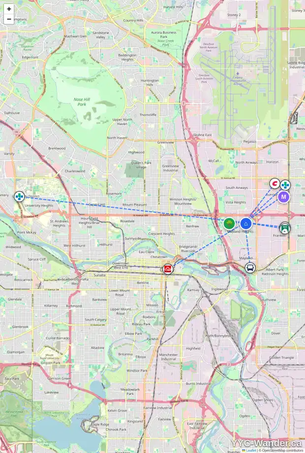 Daily accessibility map for 1056 MAYLAND DR NE, Calgary showing nearby schools, grocery stores, parks, LRT stations and nearby amenities