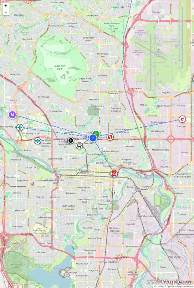 Daily accessibility map for 734 17 AV NW, Calgary showing nearby schools, grocery stores, parks, LRT stations and nearby amenities