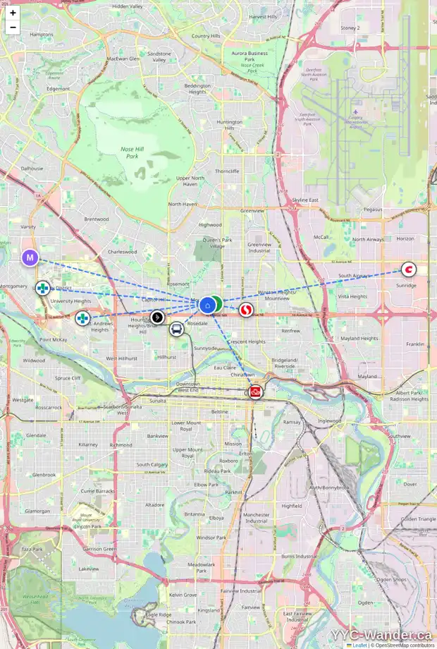 Daily accessibility map for 736 19 AV NW, Calgary showing nearby schools, grocery stores, parks, LRT stations and nearby amenities