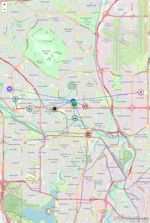 Daily accessibility map for 704 22 AV NW, Calgary showing nearby schools, grocery stores, parks, LRT stations and nearby amenities