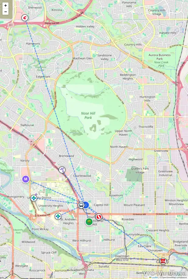 Daily accessibility map for 2339 22A ST NW, Calgary showing nearby schools, grocery stores, parks, LRT stations and nearby amenities