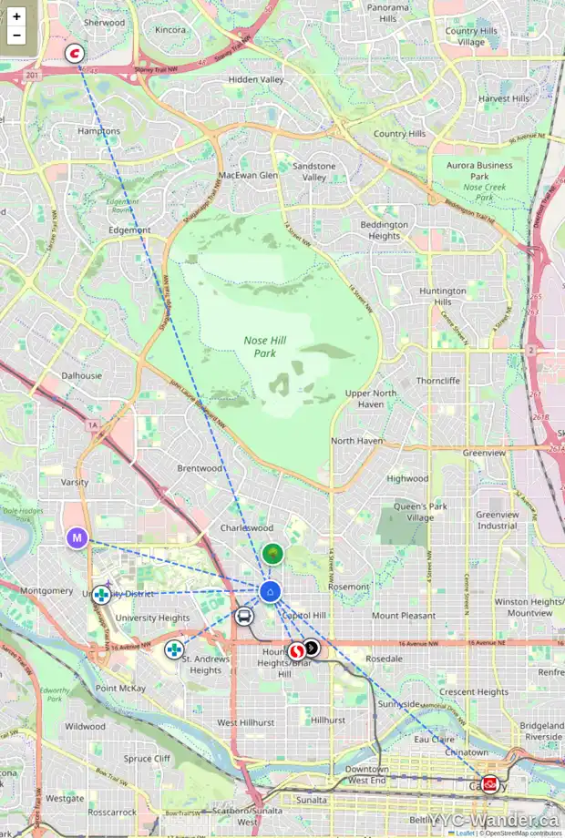 Daily accessibility map for 2103 25 AV NW, Calgary showing nearby schools, grocery stores, parks, LRT stations and nearby amenities