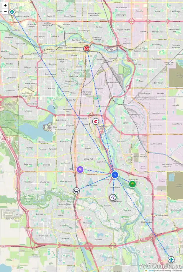 Daily accessibility map for 12042 DIAMOND VW SE, Calgary showing nearby schools, grocery stores, parks, LRT stations and nearby amenities