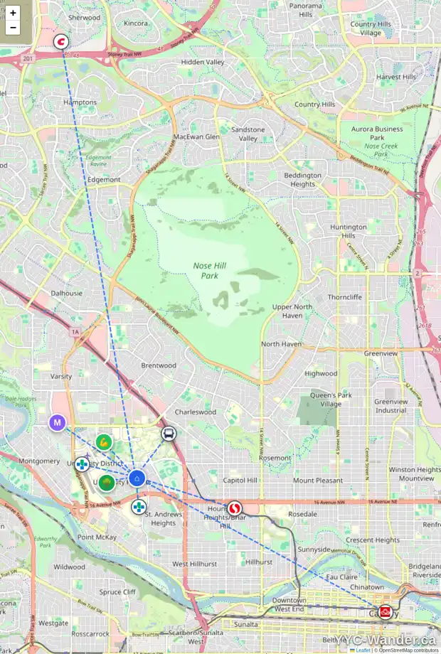 Daily accessibility map for 2220 UXBRIDGE DR NW, Calgary showing nearby schools, grocery stores, parks, LRT stations and nearby amenities