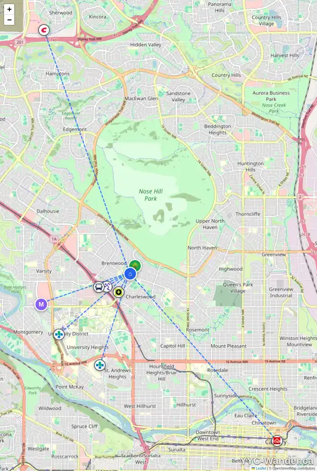 Daily accessibility map for 18 BUTTE PL NW, Calgary showing nearby schools, grocery stores, parks, LRT stations and nearby amenities