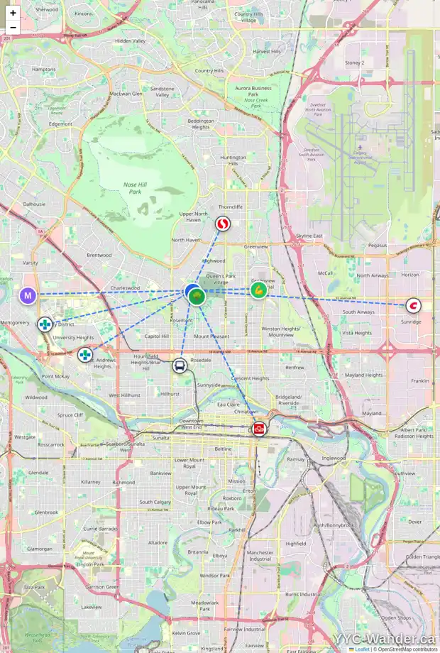 Daily accessibility map for 27 CORNWALLIS DR NW, Calgary showing nearby schools, grocery stores, parks, LRT stations and nearby amenities