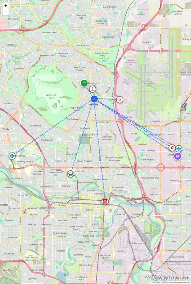 Daily accessibility map for 107 6464 TRAVOIS CR NW, Calgary showing nearby schools, grocery stores, parks, LRT stations and nearby amenities