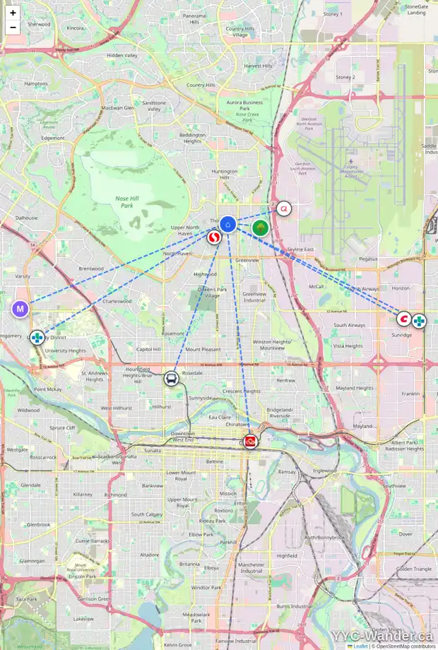 Daily accessibility map for 6003 THORNBANK DR NW, Calgary showing nearby schools, grocery stores, parks, LRT stations and nearby amenities