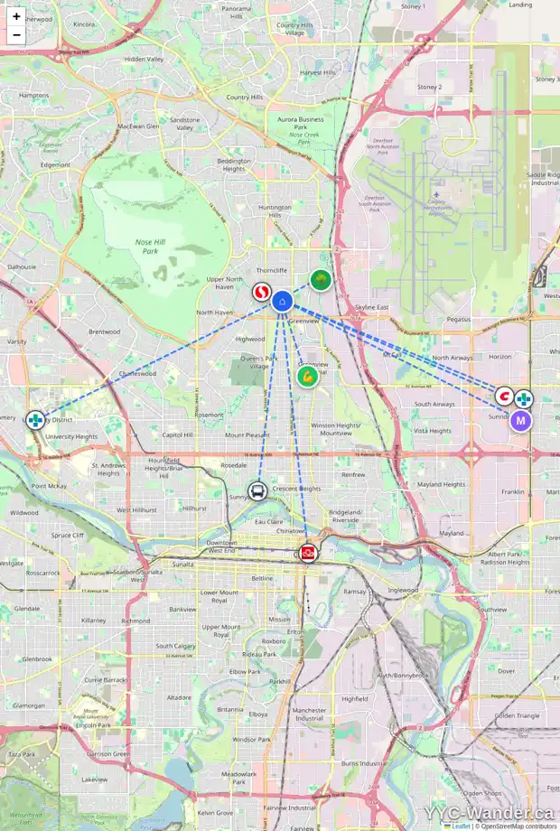 Daily accessibility map for 5416 THORNCLIFFE DR NW, Calgary showing nearby schools, grocery stores, parks, LRT stations and nearby amenities