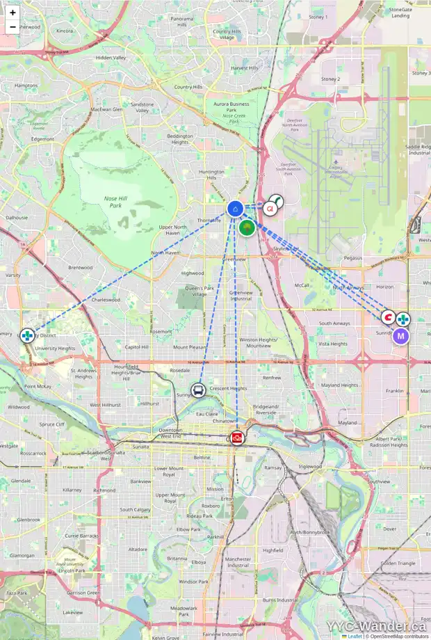 Daily accessibility map for 329 405 64 AV NE, Calgary showing nearby schools, grocery stores, parks, LRT stations and nearby amenities