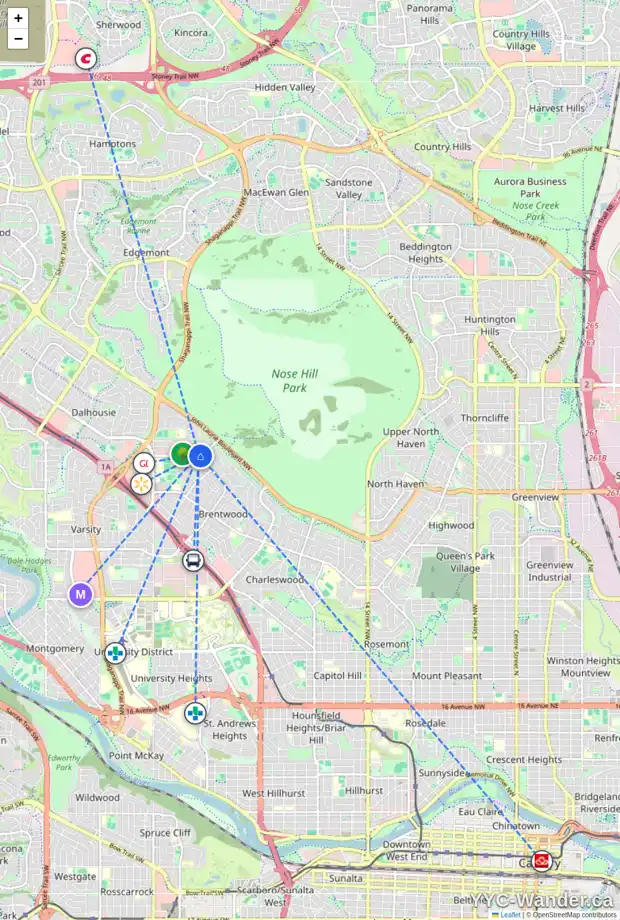 Daily accessibility map for 3228 52 AV NW, Calgary showing nearby schools, grocery stores, parks, LRT stations and nearby amenities