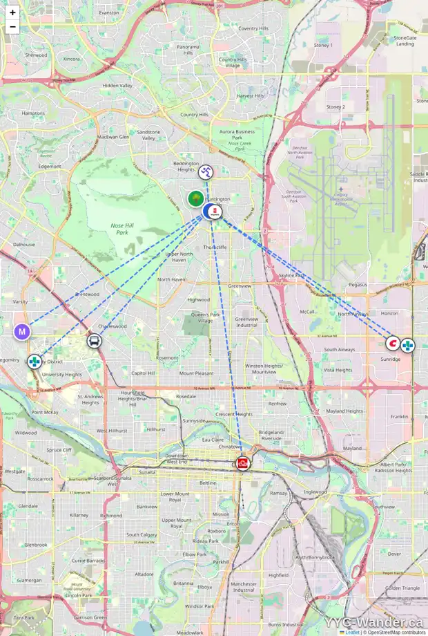 Daily accessibility map for 7203 4 ST NW, Calgary showing nearby schools, grocery stores, parks, LRT stations and nearby amenities