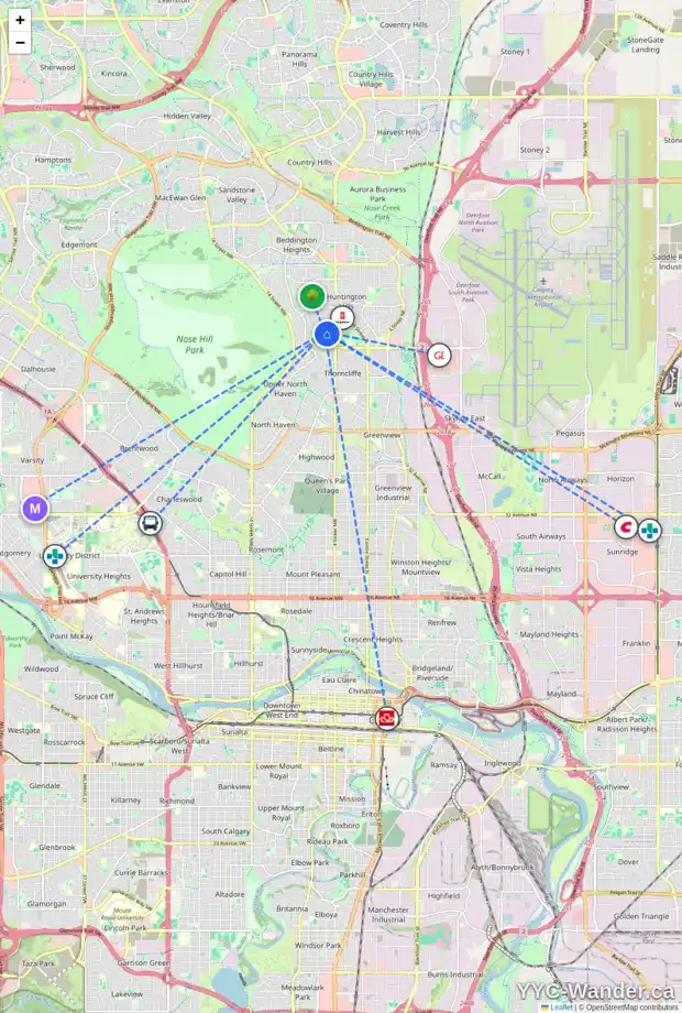 Daily accessibility map for 624 HUNTS CR NW, Calgary showing nearby schools, grocery stores, parks, LRT stations and nearby amenities