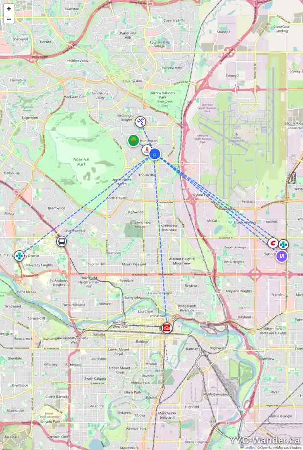 Daily accessibility map for 27 HUNTFORD RD NE, Calgary showing nearby schools, grocery stores, parks, LRT stations and nearby amenities
