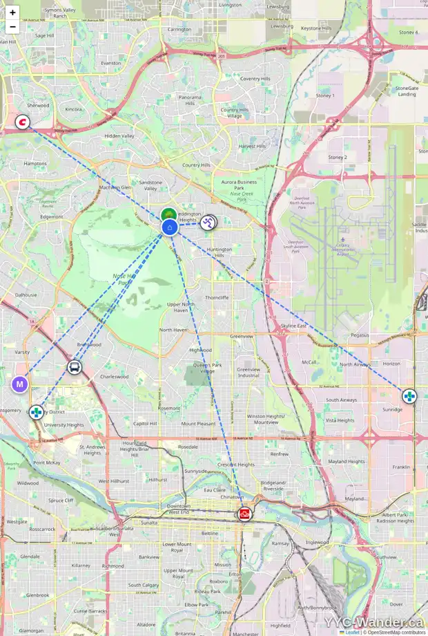 Daily accessibility map for 59 BERMONDSEY PL NW, Calgary showing nearby schools, grocery stores, parks, LRT stations and nearby amenities