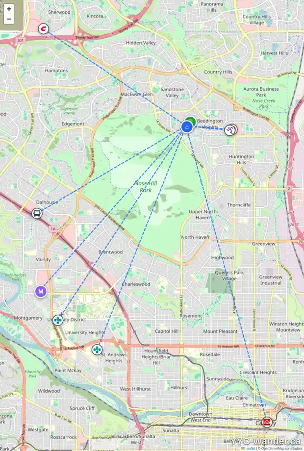 Daily accessibility map for 103 BEACHAM WY NW, Calgary showing nearby schools, grocery stores, parks, LRT stations and nearby amenities