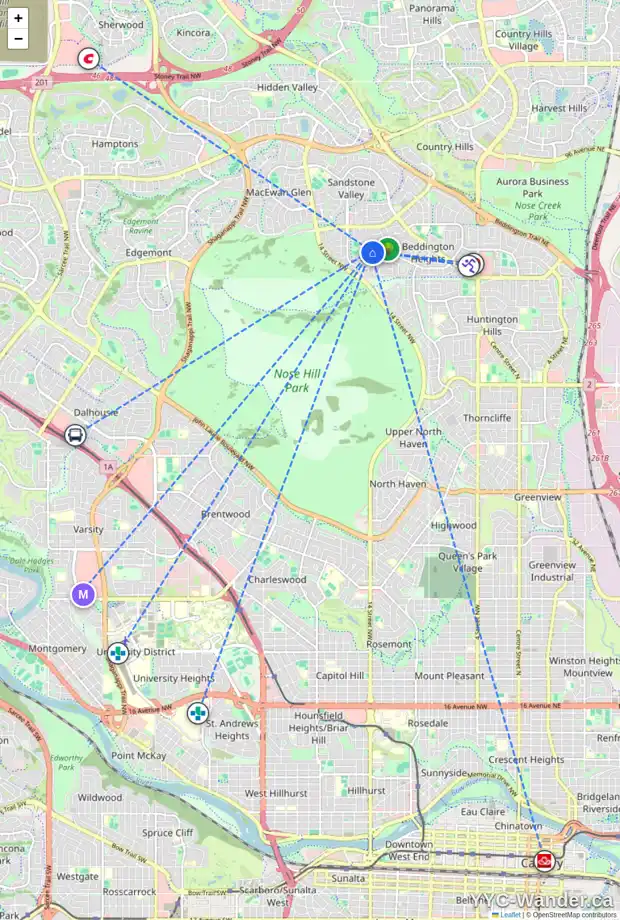 Daily accessibility map for 52 BEACHAM RI NW, Calgary showing nearby schools, grocery stores, parks, LRT stations and nearby amenities