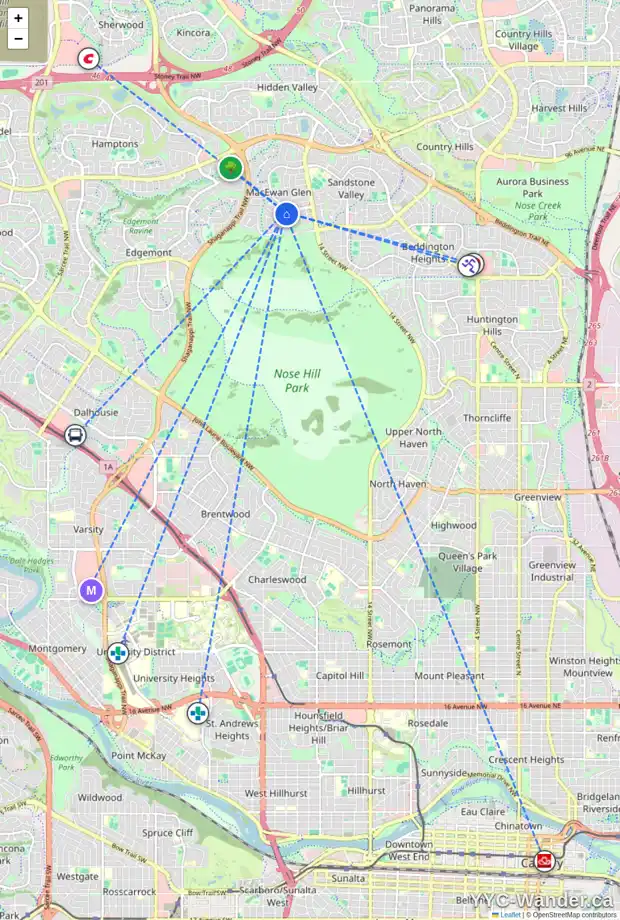 Daily accessibility map for 87 MACEWAN GLEN RD NW, Calgary showing nearby schools, grocery stores, parks, LRT stations and nearby amenities