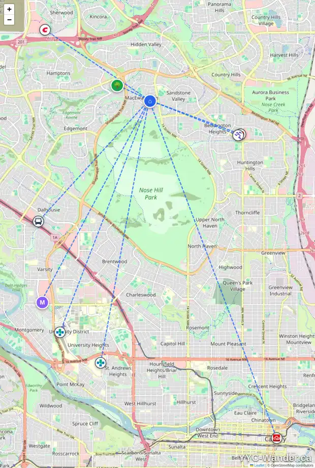 Daily accessibility map for 8 MACEWAN PARK LI NW, Calgary showing nearby schools, grocery stores, parks, LRT stations and nearby amenities