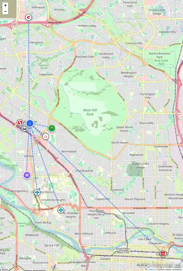 Daily accessibility map for 5824 DALFORD RD NW, Calgary showing nearby schools, grocery stores, parks, LRT stations and nearby amenities