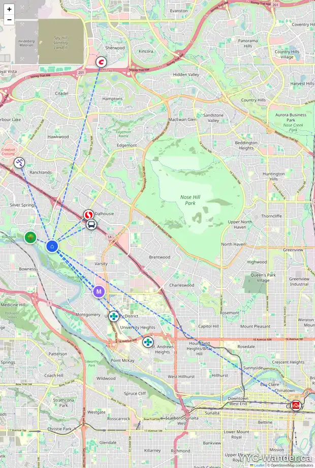 Daily accessibility map for 52 SILVERVIEW WY NW, Calgary showing nearby schools, grocery stores, parks, LRT stations and nearby amenities