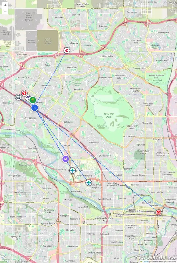 Daily accessibility map for 161 RANCH GLEN PL NW, Calgary showing nearby schools, grocery stores, parks, LRT stations and nearby amenities