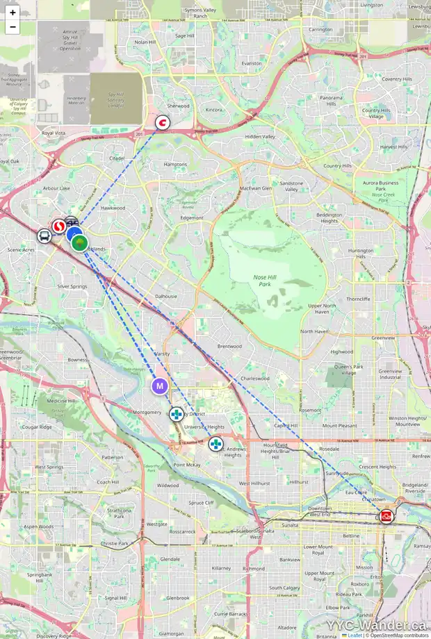 Daily accessibility map for 111 RANGE WY NW, Calgary showing nearby schools, grocery stores, parks, LRT stations and nearby amenities