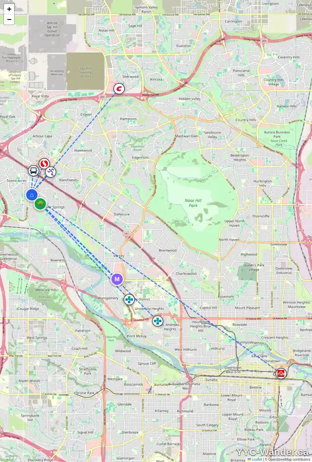 Daily accessibility map for 56 SCENIC WY NW, Calgary showing nearby schools, grocery stores, parks, LRT stations and nearby amenities