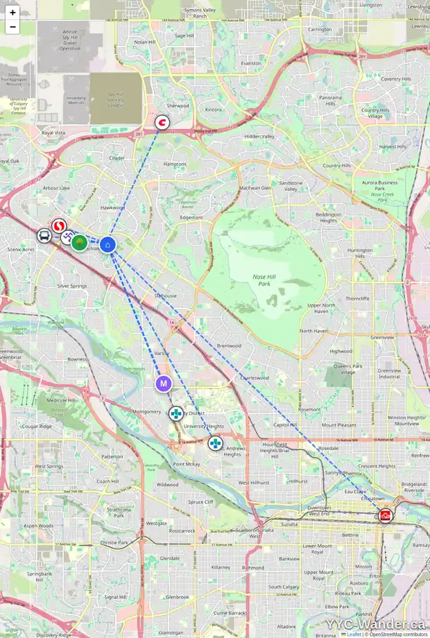 Daily accessibility map for 32 RANCHRIDGE CR NW, Calgary showing nearby schools, grocery stores, parks, LRT stations and nearby amenities