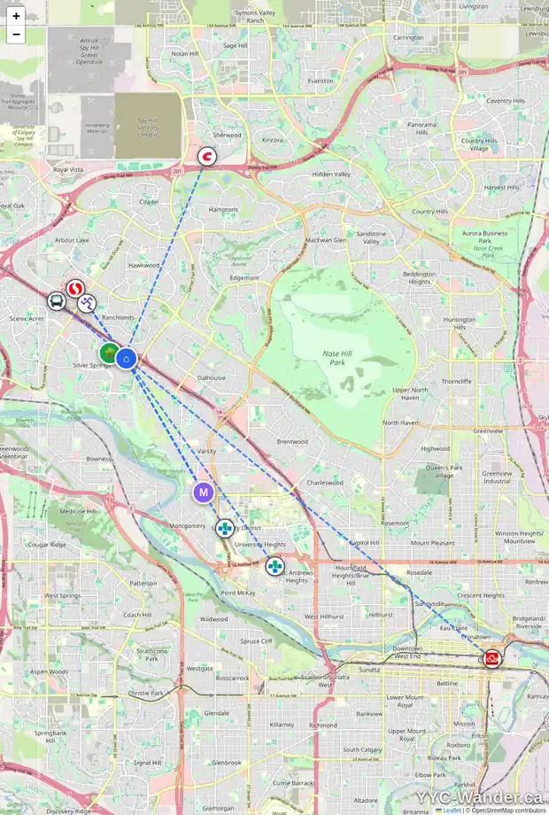 Daily accessibility map for 4 SILVER SPRINGS ME NW, Calgary showing nearby schools, grocery stores, parks, LRT stations and nearby amenities