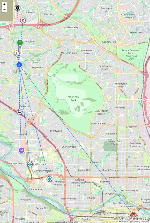 Daily accessibility map for 107 EDGELAND RI NW, Calgary showing nearby schools, grocery stores, parks, LRT stations and nearby amenities